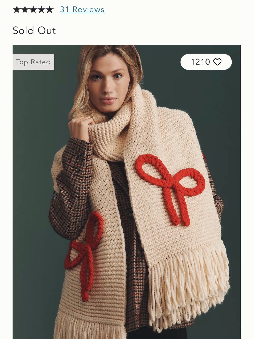 Cream Knit Scarf with Red Bow Accents